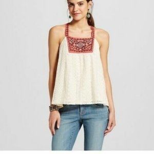 Xhilaration Nomadic Soul Boho Ivory Embroidered Lace Bib Cross Back Tank Top XS